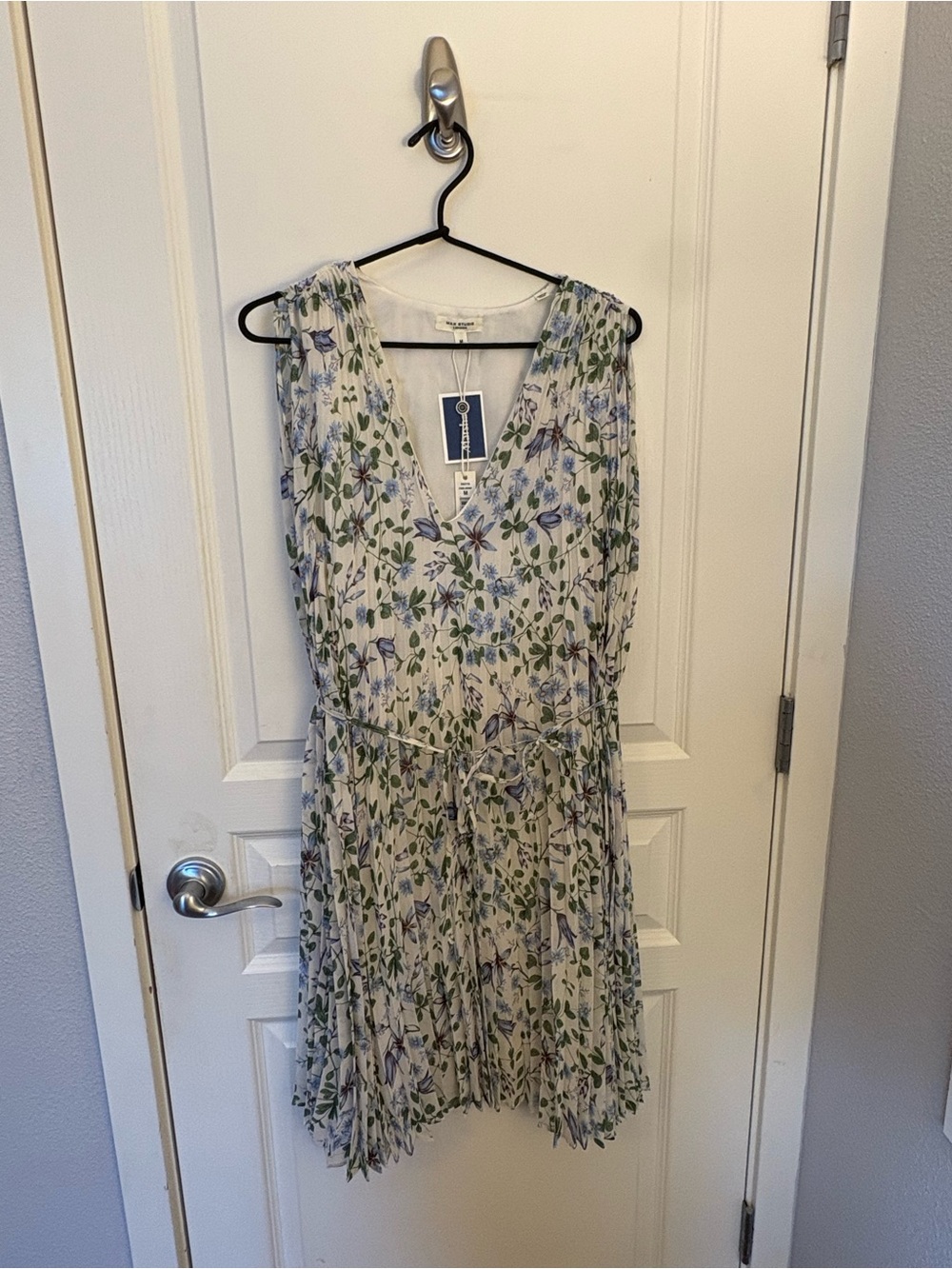 Max Studio Cream Floral V-Neck Midi Dress with Blue & Green Accents